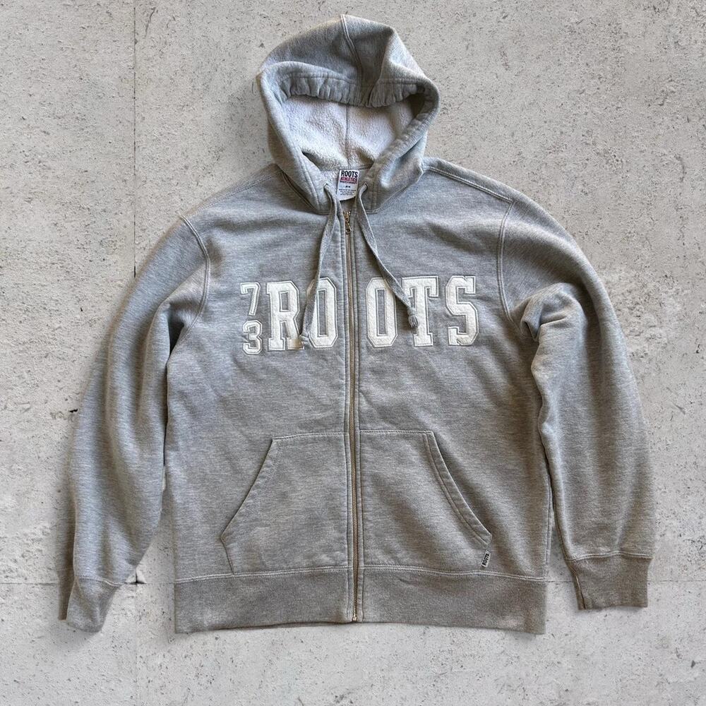 Roots Canada Gray Zip Up Logo Hoodie Size Medium Spellout
